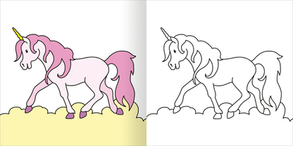 Gezeigt wird eine Innen- oder Zusatzansicht von „Mein erstes dickes Malbuch ab 2 – Einhörner“. Auf der linken Seite ist ein farbenfrohes, pink und weiß gestrichenes Einhorn in einer spielerischen Pose abgebildet, umgeben von gelben Wolken. Die rechte Seite zeigt die schwarz-weiße Kontur des gleichen Einhorns, bereit zum Ausmalen. Die Schrift ist klar und freundlich gestaltet, um die Zielgruppe der Kleinkinder anzusprechen.