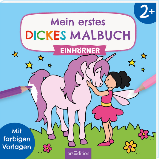 Das Buchcover zeigt eine bunte, kinderfreundliche Illustration mit einem fröhlichen Einhorn und einem kleinen Mädchen in einem pinken Kleid. Der Hintergrund ist in sanften Pastelltönen gehalten, mit Sternen, die für eine magische Atmosphäre sorgen. Der Titel „Mein erstes DICKES MALBUCH“ steht in großen, bunten Buchstaben, während „EINHÖRNER“ in einem pinken Banner hervorgehoben ist. Oben rechts ist der Hinweis „2+“ zu sehen. Ganz unten mittig steht der Logoschriftzug von...
