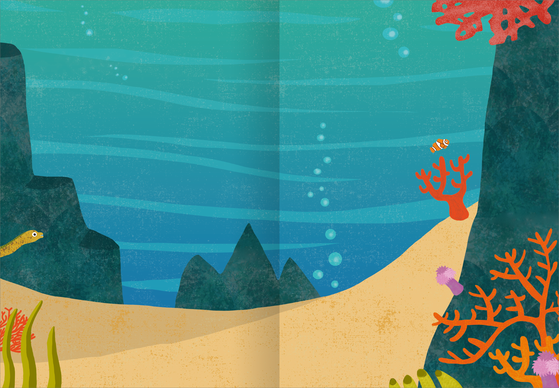 Gezeigt wird eine Innen- oder Zusatzansicht von „Erstes Stickern – Am Meer“. Die Illustration zeigt eine lebendige Unterwasserlandschaft mit sanften blauen Wasser-Farbtönen und geschwungenen Linien, die Wellen darstellen. An den Rändern sind bunte Korallen und pflanzenähnliche Elemente in Gelb, Orange und Lila abgebildet. Ein paar Luftblasen und kleine Fische verleihen der Szene Dynamik. Die gesamte Komposition ist spielerisch und ansprechend gestaltet, wodurch ein einladendes...