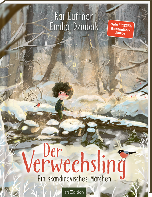 Das Buchcover zeigt eine winterliche Waldlandschaft, in der ein kleiner Junge mit lockigem Haar in einem grünen Mantel steht. Der Hintergrund ist von schneebedeckten Bäumen und grauem Himmel geprägt, während kleine Vögel in der Umgebung fliegen. Der Titel „Der Verwechsling“ ist in großen, verspielten Buchstaben in der Mitte platziert. Oberhalb des Titels stehen die Namen der Urheber Kai Lüftner und Emilia Dziubak. Ein roter SPIEGEL-Bestseller-Button mit dem Text „Dein SPIEGEL...