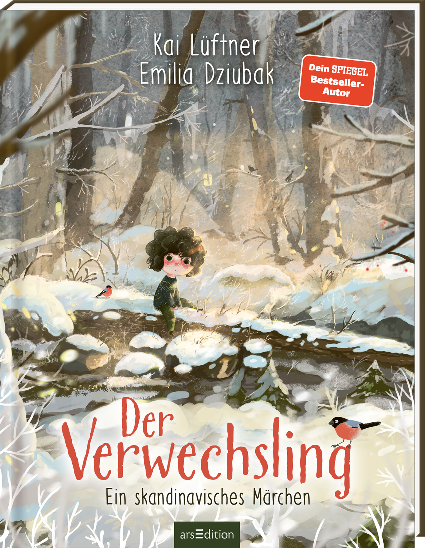 Das Buchcover zeigt eine winterliche Waldlandschaft, in der ein kleiner Junge mit lockigem Haar in einem grünen Mantel steht. Der Hintergrund ist von schneebedeckten Bäumen und grauem Himmel geprägt, während kleine Vögel in der Umgebung fliegen. Der Titel „Der Verwechsling“ ist in großen, verspielten Buchstaben in der Mitte platziert. Oberhalb des Titels stehen die Namen der Urheber Kai Lüftner und Emilia Dziubak. Ein roter SPIEGEL-Bestseller-Button mit dem Text „Dein SPIEGEL...