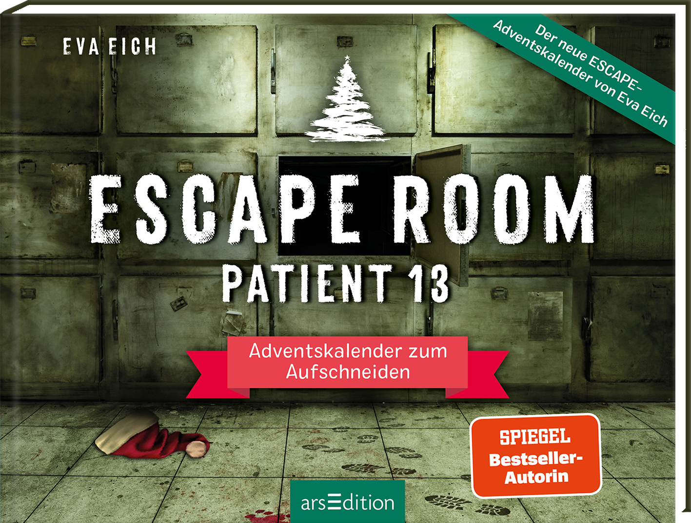 Das Buchcover zeigt eine düstere, Leichenhalle mit Metallschranktüren, Blutflecken, Abdrücken von Schuhsohlen und einer Nikolausmütze auf dem Boden. Der Titel „ESCAPE ROOM“ ist in großen, weißen Buchstaben mit einer schroffen Schriftart über dem Untertitel „PATIENT 13“ platziert. Oben mittig befindet sich ein grafischer Tannenbaum. Unten in einem roten Banner steht „Adventskalender zum Aufschneiden“. Ein Button weist auf den „SPIEGEL Bestseller“-Status hin. Ganz unten...