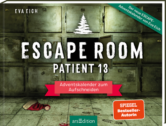Das Buchcover zeigt eine düstere, Leichenhalle mit Metallschranktüren, Blutflecken, Abdrücken von Schuhsohlen und einer Nikolausmütze auf dem Boden. Der Titel „ESCAPE ROOM“ ist in großen, weißen Buchstaben mit einer schroffen Schriftart über dem Untertitel „PATIENT 13“ platziert. Oben mittig befindet sich ein grafischer Tannenbaum. Unten in einem roten Banner steht „Adventskalender zum Aufschneiden“. Ein Button weist auf den „SPIEGEL Bestseller“-Status hin. Ganz unten...