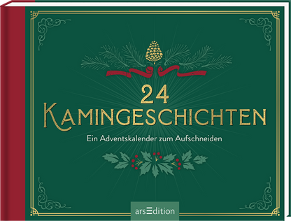 Ein elegantes, tiefgrünes Cover mit goldener Schrift kombiniert festliche Elemente. Im Mittelpunkt steht die große Zahl „24“ in einer geschwungenen, goldenen Typografie, darüber befindet sich der Titel „Kamingeschichten“ in gleicher Schriftart. Unterhalb des Titels steht der Untertitel „Ein Adventskalender zum Aufschneiden“. Rote und goldene Verzierungen, wie Tannenzapfen und Weihnachtszweige, umrahmen das Cover und vermitteln eine gemütliche, festliche Atmosphäre. Ganz unten...