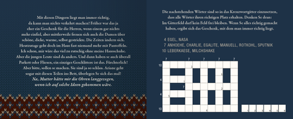 Gezeigt wird eine Innen- oder Zusatzansicht von „Glauben Sie mir, Weihnachten kommt schneller, als man denkt!“. Die linke Seite des Designs zeigt einen warmen, strukturierten Hintergrund in tiefmärkter Blaugrau, versehen mit einem stimmigen, rot-goldenen Zickzackmuster am unteren Rand. Der Text ist in einer klaren, gut lesbaren Schriftart und weißer Farbe gehalten, die anmutig auf die festliche Stimmung eingeht. Die rechte Seite beherbergt ein Kreuzworträtsel auf einem kühlen,...