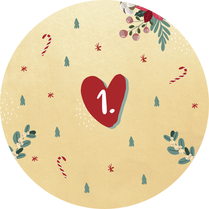 Gezeigt wird eine Innen- oder Zusatzansicht von „Advent in der Dose. 24 liebe Wünsche für dich“. Die Illustration zeigt einen runden, hellen Hintergrund in sanften Goldtönen. Im Zentrum prangt ein rotes Herz mit der Aufschrift „1.“ in lebendiger, weißer Typografie. Um das Herz sind weihnachtliche Motive wie Kristallzucker-Stangen, grüne Tannen und festliche Beeren angeordnet, die in sanften, harmonischen Farben gestaltet sind. Die Gesamtkomposition vermittelt eine warme, einladende...