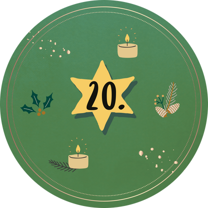 Gezeigt wird eine Innen- oder Zusatzansicht von „Advent in der Dose. 24 liebe Wünsche für dich“. Die Abbildung zeigt einen runden, grünen Hintergrund, auf dem ein gelber Stern mit der Zahl „20.“ im Mittelpunkt steht. Um den Stern sind kleine, beige Kerzen mit flammenartigen  grafischen Darstellungen sowie Dekorationselemente wie Stechpalmenblätter und Tannenzapfen in sanften Farbtönen platziert. Die Gesamtkomposition strahlt eine besinnliche, festliche Atmosphäre aus.