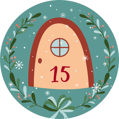 Gezeigt wird eine Innen- oder Zusatzansicht von „Adventskalender in der Dose. 24 Wichtelweisheiten für den Advent“. Die Abbildung zeigt eine runde Tür in sanften Erdtönen mit der Nummer 15 in kräftigem Rot. Umgeben von einem grünen Kranz, der mit roten Beeren und Schneeflocken dekoriert ist, vermittelt die Szene eine weihnachtliche Atmosphäre. Die harmonischen Farben und die verspielte Typografie tragen zur festlichen Stimmung des Produkts bei.