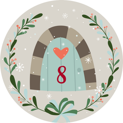 Gezeigt wird eine Innen- oder Zusatzansicht von „Adventskalender in der Dose. 24 Wichtelweisheiten für den Advent“. Die Abbildung zeigt eine runde Darstellung mit einem grauen Hintergrund, auf dem sich ein türkisfarbenes Türchen mit der Nummer 8 und einem roten Herzen befindet. Umrahmt wird die Tür von einem grünen Kranz mit roten Beeren und schneebedeckten Akzenten, die eine festliche Atmosphäre schaffen. Die sanften Farben und die verspielte Typografie unterstreichen den...