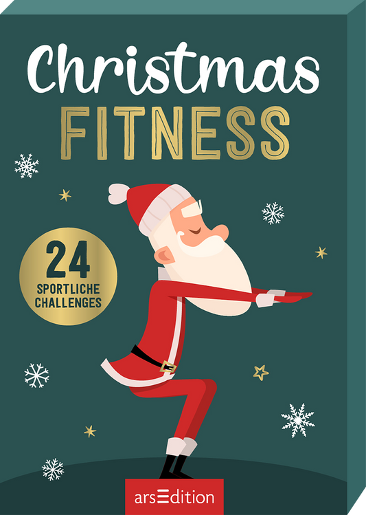 Das Buchcover zeigt einen fröhlichen Weihnachtsmann in einer sportlichen Pose, der eine kleine Platte hält. Der Hintergrund ist in einem tiefen Waldgrün gehalten, während der Weihnachtsmann in klassischem Rot und Weiß gekleidet ist. Der Titel „Christmas FITNESS“ steht in großen, modernen Buchstaben, wobei „Christmas“ in verspielter Schrift und „FITNESS“ in goldener, auffälliger Schrift präsentiert wird. Oben links ist ein SPIEGEL-Bestseller-Button mit dem Text „24...