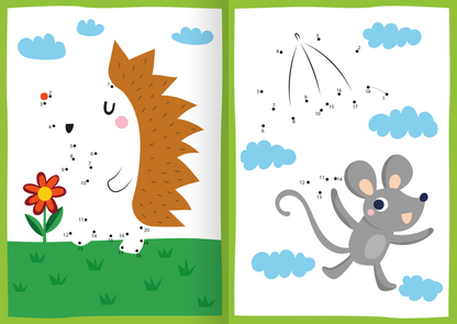 Gezeigt wird eine Innen- oder Zusatzansicht von „Kunterbunte Punkterätsel“. Die Seite zeigt einen Comic-Igel mit stacheligem, orangefarbenem Rücken, der neben einer bunten Blume in grünem Gras steht. Weitere Elemente sind weiße Wolken und ein fröhlicher grauer Mäuserich, der in einer leichten Bewegung dargestellt wird. Die Zahlen sind in klarer, runder Typografie auf den Zeichnungen verteilt, die die Rätsel zum Verbinden anregen. Besondere Farben sind Blau, Grün, Orange und Grau.
