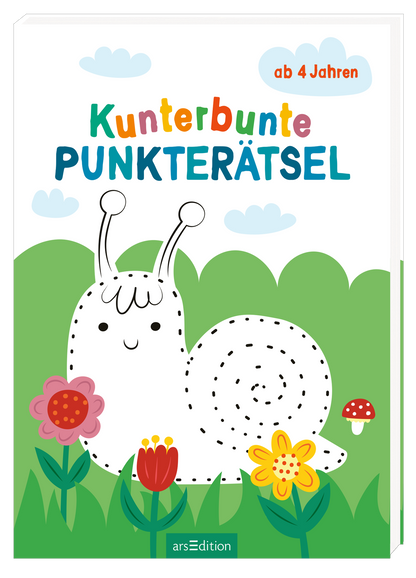 Das Buchcover zeigt eine fröhliche, gezeichnete Schnecke mit einem lächelnden Gesicht, die auf einem bunten Blumenfeld sitzt. Die Farben sind lebhaft und kinderfreundlich, mit einer Kombination aus Pink, Gelb und Grün. Der Titel „Kunterbunte PUNKTERÄTSEL“ ist in großen, spielerischen Buchstaben in Blau und Rot gestaltet. Über dem Titel steht der Hinweis „ab 4 Jahren“. Ganz unten mittig steht der Logoschriftzug von arsEdition.