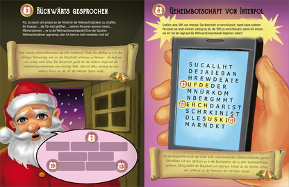 Gezeigt wird eine Innen- oder Zusatzansicht von „Escape-Stickerbuch – Adventskalender – Das Versteck in den Bergen“. Die linke Seite zeigt den Weihnachtsmann mit grauem Bart und rotem Anzug vor einer Kistentür, umgeben von Schneeflocken. Der Text in großer, verschnörkelter Schrift beschreibt eine geheime Weihnachtsmission. Auf der rechten Seite ist ein Smartphone mit einer geheimen Botschaft zu sehen, umgeben von unechtem Sternen-Design. Die Typografie ist abwechslungsreich und...