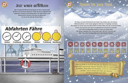 Gezeigt wird eine Innen- oder Zusatzansicht von „Escape-Stickerbuch – Adventskalender – Das Versteck in den Bergen“. Die Seite enthält eine winterliche Szenenillustration mit verschneiten Bergen und einem Fährschiff im Hintergrund. Links ist eine Anzeige für „Abfahrten Fähre“ mit fünf runden, gelben Symbolen und entsprechenden Uhren, während rechts ein weihnachtlicher Hinweis in einer dekorativen Schrift präsentiert wird. Farbtöne sind hauptsächlich blau, weiß und rot,...