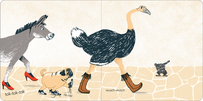 Gezeigt wird eine Innen- oder Zusatzansicht von „Sooo viele Schuhe!“. Die Illustration zeigt ein Esel, der rote High Heels trägt, einen Pug mit einer kleinen Tasche und einen Strauß in braunen Stiefeln, die auf einem hellen Pflasterboden gehen. Die Farben sind lebhaft und kontrastreich, mit einem sanften Hintergrund. Die verwendete Typografie für die Lautmalereien „tok-tok-tok“ und „wusch-wusch“ ist verspielt und gut lesbar, passend zum fröhlichen Thema des Buches.