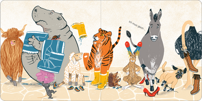 Gezeigt wird eine Innen- oder Zusatzansicht von „Sooo viele Schuhe!“. Die Illustration zeigt verschiedene Tiere, darunter ein Nilpferd, einen Tiger, und ein Esel, die bunte und verschiedene Schuhe tragen. Die Farben sind lebhaft und vielfältig, wobei Gelb, Rot und Blau dominieren. Die Typografie ist verspielt und fröhlich, mit handschriftlichen Elementen, die den Text „Ich muss gehen“ hervorheben. Der Hintergrund ist hell und einfarbig, was die Zeichnungen lebendig erscheinen lässt.