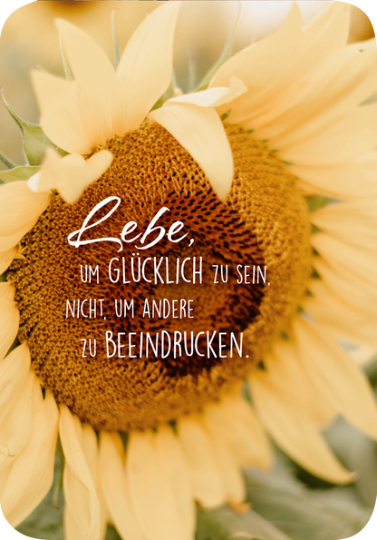 Gezeigt wird eine Innen- oder Zusatzansicht von „Weisheiten für die Seele“. Die Darstellung zeigt eine Nahaufnahme einer Sonnenblume mit leuchtenden gelben Blütenblättern. Im Vordergrund befindet sich ein handgeschriebener Text, der besagt: „Lebe, um glücklich zu sein. Nicht um andere zu beeindrucken.“ Die Schrift kombiniert kreative und klare Typografie, was der Botschaft eine einladende und inspirierende Note verleiht.