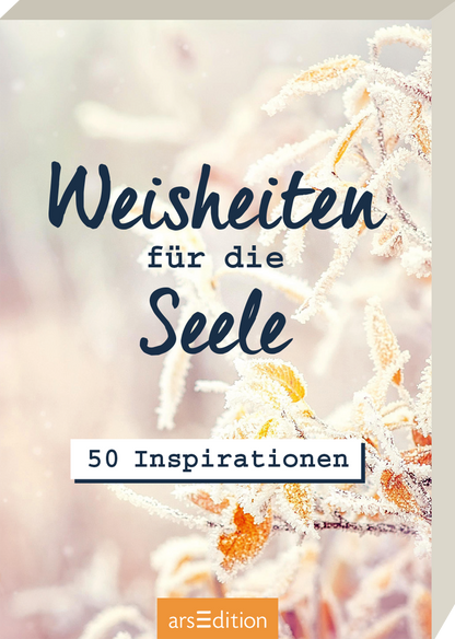 Das Buchcover zeigt eine sanfte, frostige Hintergrundszene mit zarten, glitzernden Pflanzen und Ästen, die durch eine frostige Schicht gedeckt sind. Der Titel „Weisheiten für die Seele“ ist in eleganter, blauer Schrift oben platziert, während „50 Inspirationen“ in einem klaren, weißen, rechteckigen Feld mittig erscheint. Die Farbpalette wirkt beruhigend und inspirierend. Ganz unten mittig steht der Logoschriftzug von arsEdition.