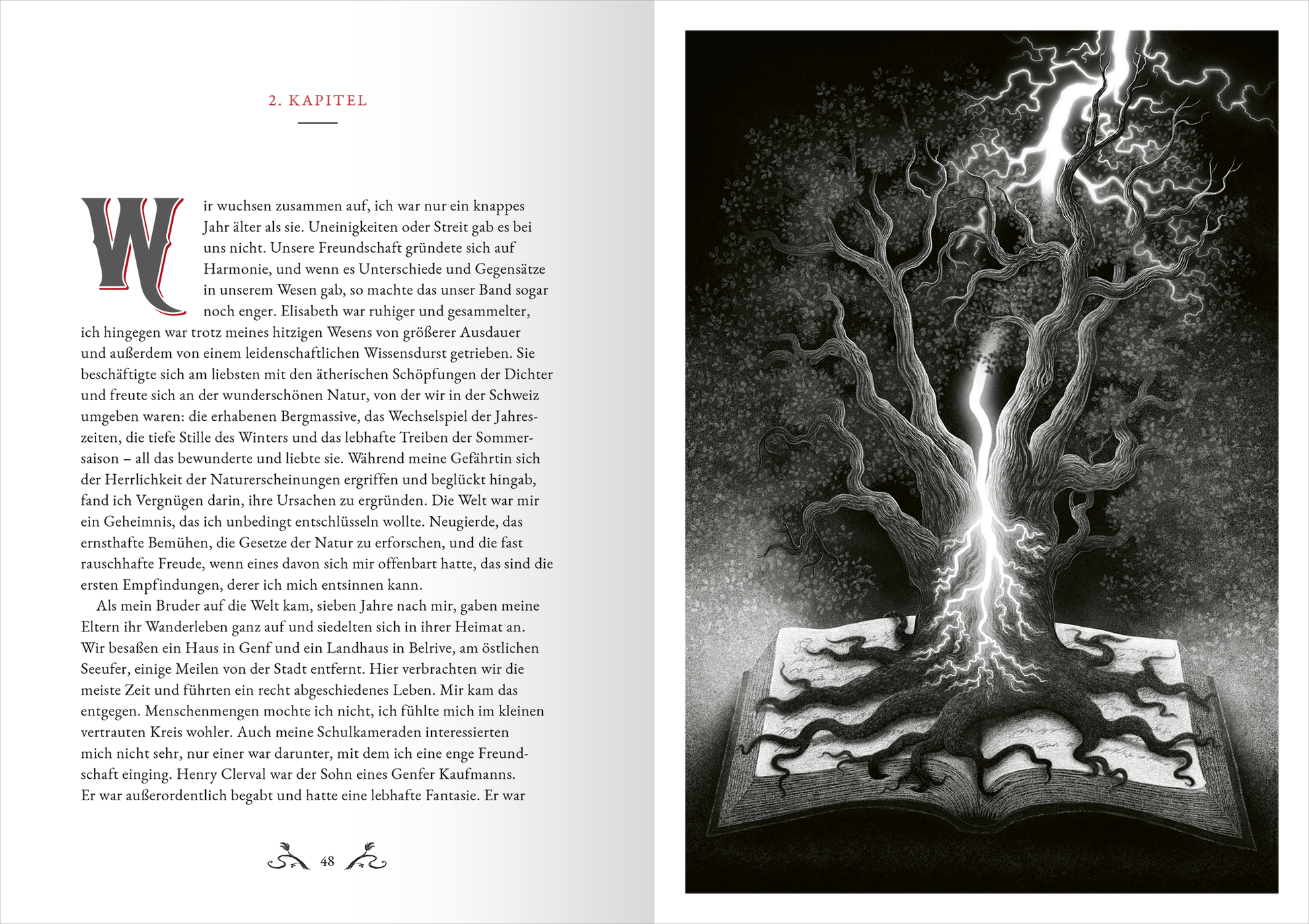Gezeigt wird eine Innenansicht von „Frankenstein“. Die linke Seite enthält den Text des Kapitels mit einer klaren, gut lesbaren Schrift in Schwarz auf hellem Hintergrund. Die rechte Seite zeigt eine eindrucksvolle Illustration eines Baumes, der aus einem offenen Buch herauswächst. Der Baum ist in Schwarz- und Grautönen gehalten, und von ihm geht ein blitzartiger Strahl in Weiß aus, der dynamisch wirkt. Die Typografie ist traditionell und vermittelt ein klassisches Gefühl.