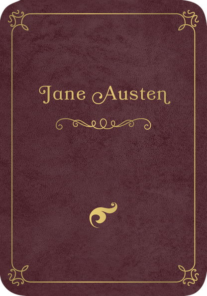 Gezeigt wird eine Innen- oder Zusatzansicht von „Kleine Literaturapotheke“. Der Hintergrund ist in einem tiefen Weinrot gehalten, während der Titel „Jane Austen“ in einer eleganten, goldenen Schriftart mittig platziert ist. Filigrane goldene Verzierungen umrahmen das Cover und verleihen ihm einen klassischen, edlen Charakter. Ein dekoratives Element in goldener Farbe rundet das Design am unteren Rand ab und trägt zur harmonischen Gesamtästhetik bei.