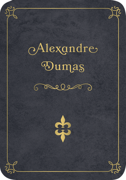 Gezeigt wird eine Innen- oder Zusatzansicht von „Kleine Literaturapotheke“. Die Ansicht zeigt einen dunkelblauen Hintergrund mit samtartiger Struktur. Der Titel „Alexandre Dumas“ ist in geschwungener, goldener Typografie mittig platziert, umrahmt von feinen, dekorativen Linien. Ein stilisiertes, blütenförmiges Symbol in Gold befindet sich am unteren Rand, was der Gestaltung eine elegante Note verleiht. Diese Kombination aus Farben und Schrift vermittelt eine hochwertige, literarische...