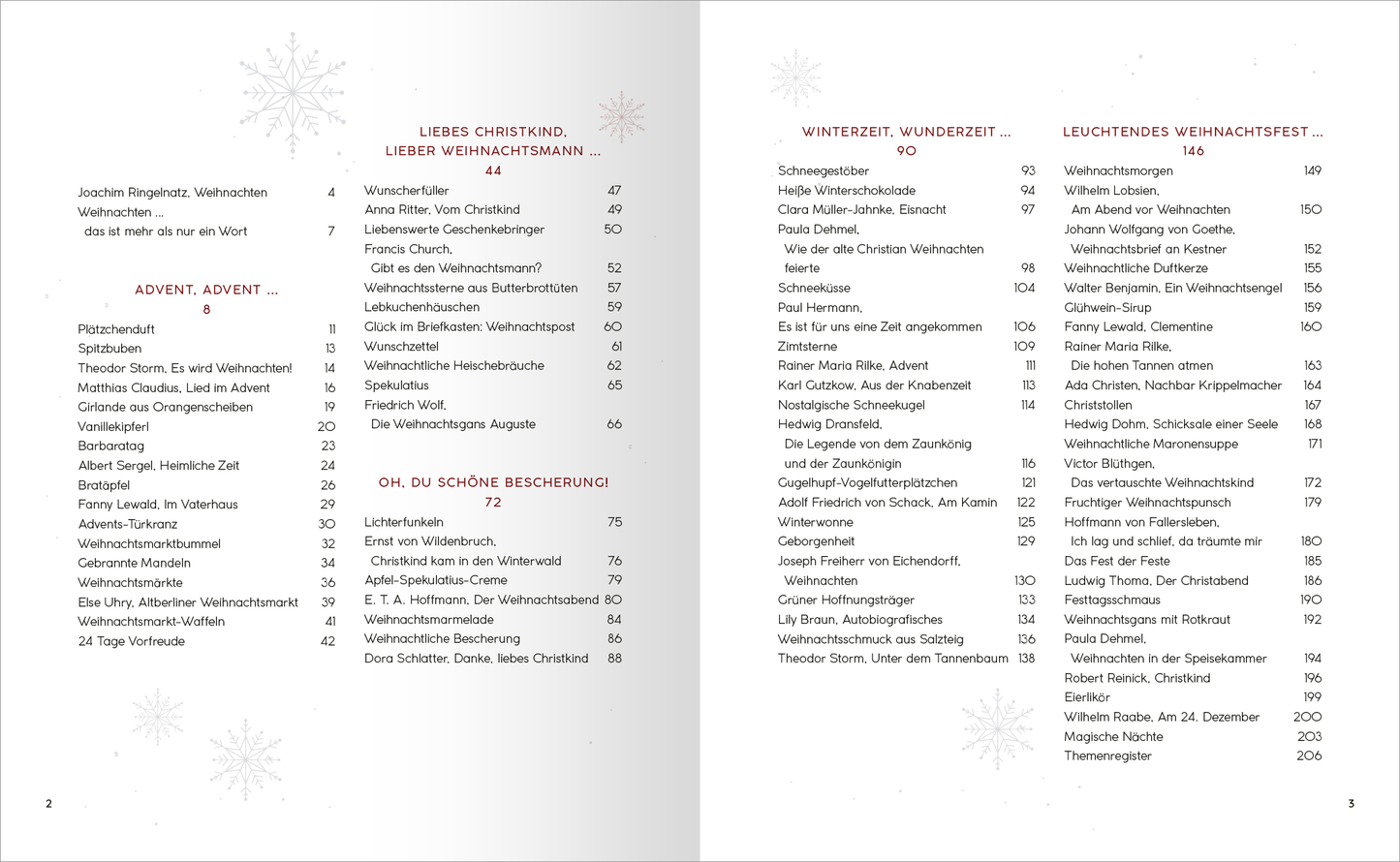 Gezeigt wird eine Innen- oder Zusatzansicht von „Weihnachten“. Die Doppelseite präsentiert ein Inhaltsverzeichnis auf hellem, freundlichem Hintergrund. Die Schrift ist in einer eleganten, gut lesbaren typografischen Gestaltung gehalten, größtenteils in Schwarz, mit einigen roten Akzenten. Sämtliche Titel sind klar strukturiert und nummeriert, ergänzt durch kleine, dezente Schneeflocken-Motive, die weihnachtliche Stimmung vermitteln. Das Layout ist übersichtlich und einladend...