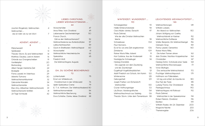 Gezeigt wird eine Innen- oder Zusatzansicht von „Weihnachten“. Die Doppelseite präsentiert ein Inhaltsverzeichnis auf hellem, freundlichem Hintergrund. Die Schrift ist in einer eleganten, gut lesbaren typografischen Gestaltung gehalten, größtenteils in Schwarz, mit einigen roten Akzenten. Sämtliche Titel sind klar strukturiert und nummeriert, ergänzt durch kleine, dezente Schneeflocken-Motive, die weihnachtliche Stimmung vermitteln. Das Layout ist übersichtlich und einladend...