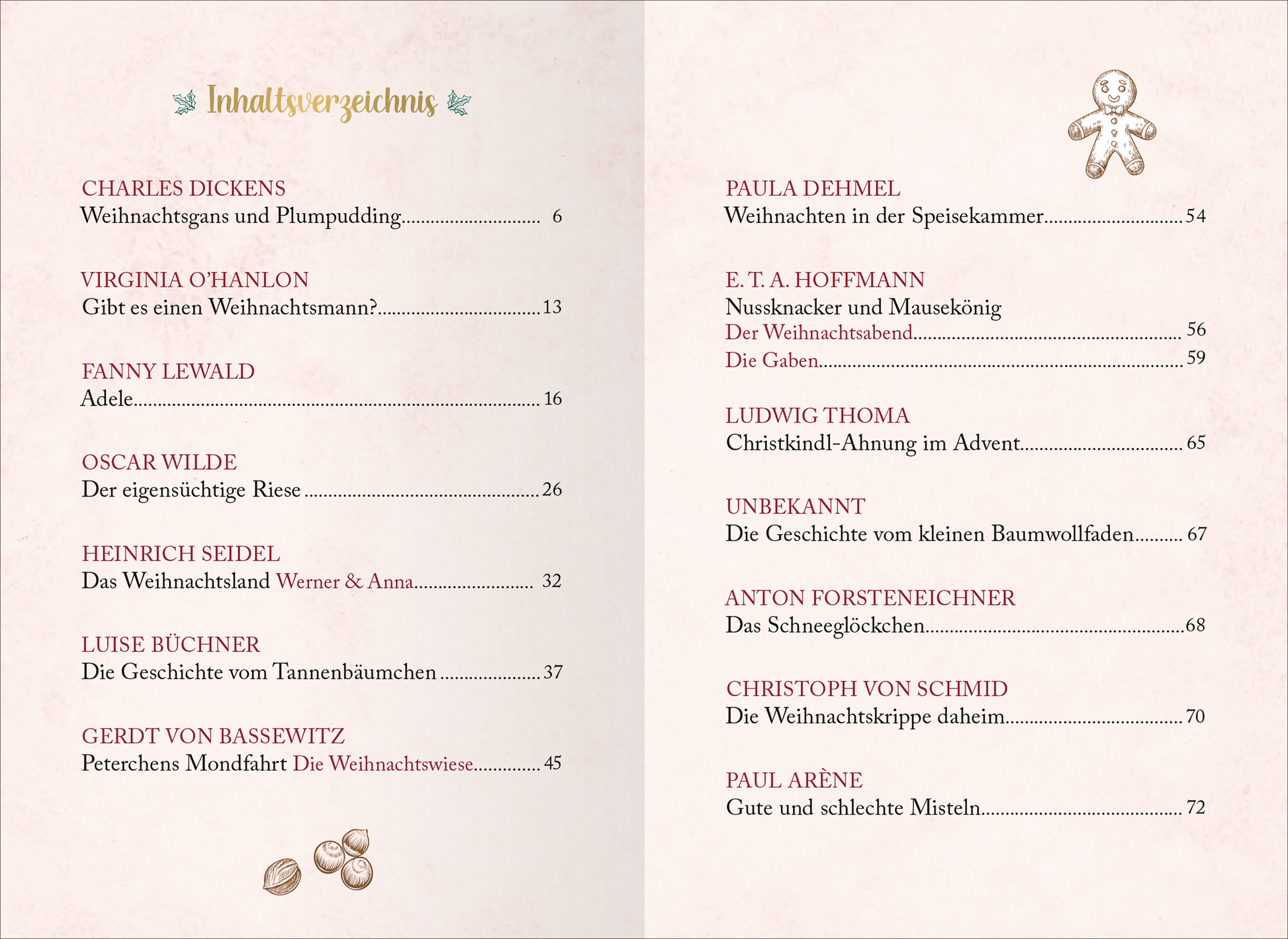 Gezeigt wird eine Innen- oder Zusatzansicht von „Literarische Schlittenfahrt“. Die Seite zeigt das Inhaltsverzeichnis in sanften, pastellfarbenen Tönen. Die Überschrift „Inhaltsverzeichnis“ ist in einer eleganten, goldenen Schriftart gestaltet. Die einzelnen Beiträge sind klar gegliedert und in einer gut lesbaren, serifenlosen Schrift aufgelistet, wobei die Seitenzahlen rechts ausgerichtet sind. Kleine, verspielte Grafiken, wie Nüsse und ein Lebkuchenmann, ergänzen das Layout und...