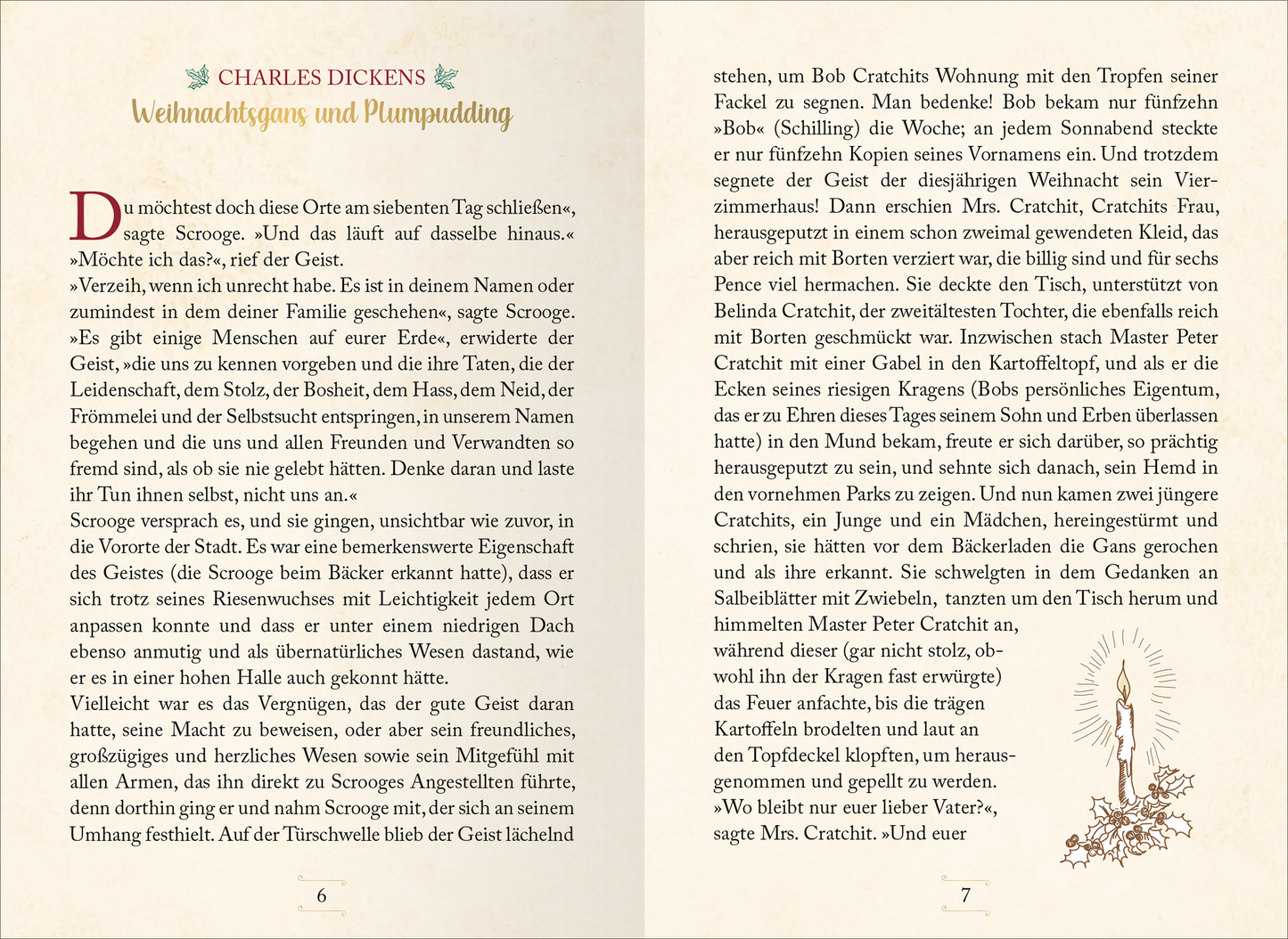 Gezeigt wird eine Innenansicht von „Literarische Schlittenfahrt“. Die Seiten zeigen eine elegante Typografie in Schwarz, unterbrochen von dekorativen Elementen in sanften Pastellfarben. Auf der linken Seite beginnt der Text mit dem Namen „CHARLES DICKENS“ in größerer Schrift. Neben dem Text sind zarte, florale Illustrationen. Die rechte Seite enthält eine detaillierte Erzählung mit linienförmigen Absätzen und einem Kerzenmotiv, das die festliche Atmosphäre unterstützt.
