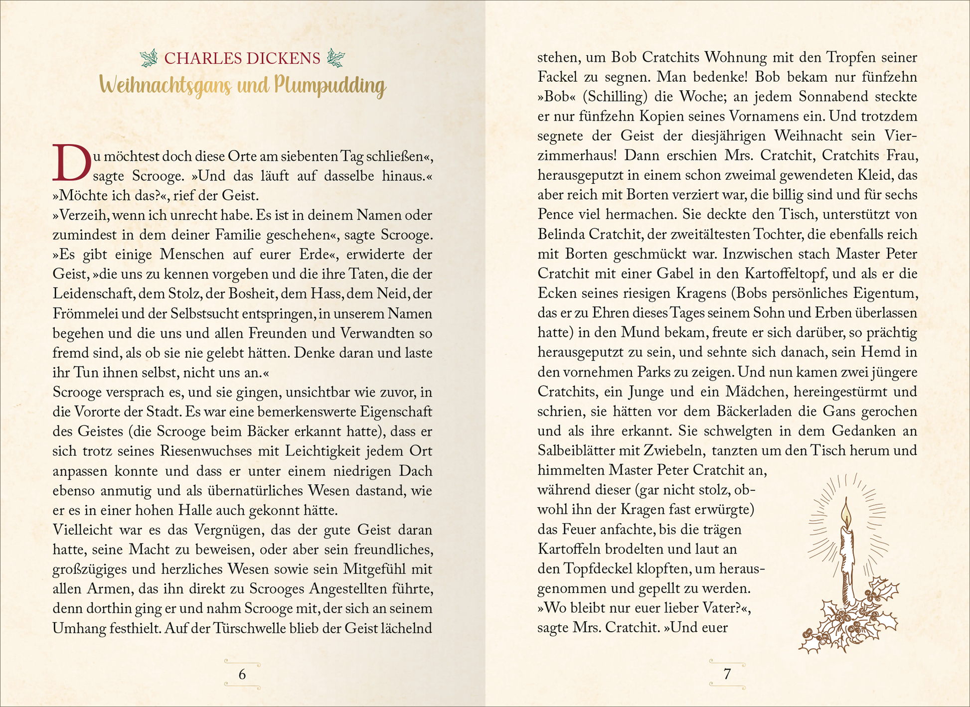 Gezeigt wird eine Innenansicht von „Literarische Schlittenfahrt“. Die Seiten zeigen eine elegante Typografie in Schwarz, unterbrochen von dekorativen Elementen in sanften Pastellfarben. Auf der linken Seite beginnt der Text mit dem Namen „CHARLES DICKENS“ in größerer Schrift. Neben dem Text sind zarte, florale Illustrationen. Die rechte Seite enthält eine detaillierte Erzählung mit linienförmigen Absätzen und einem Kerzenmotiv, das die festliche Atmosphäre unterstützt.