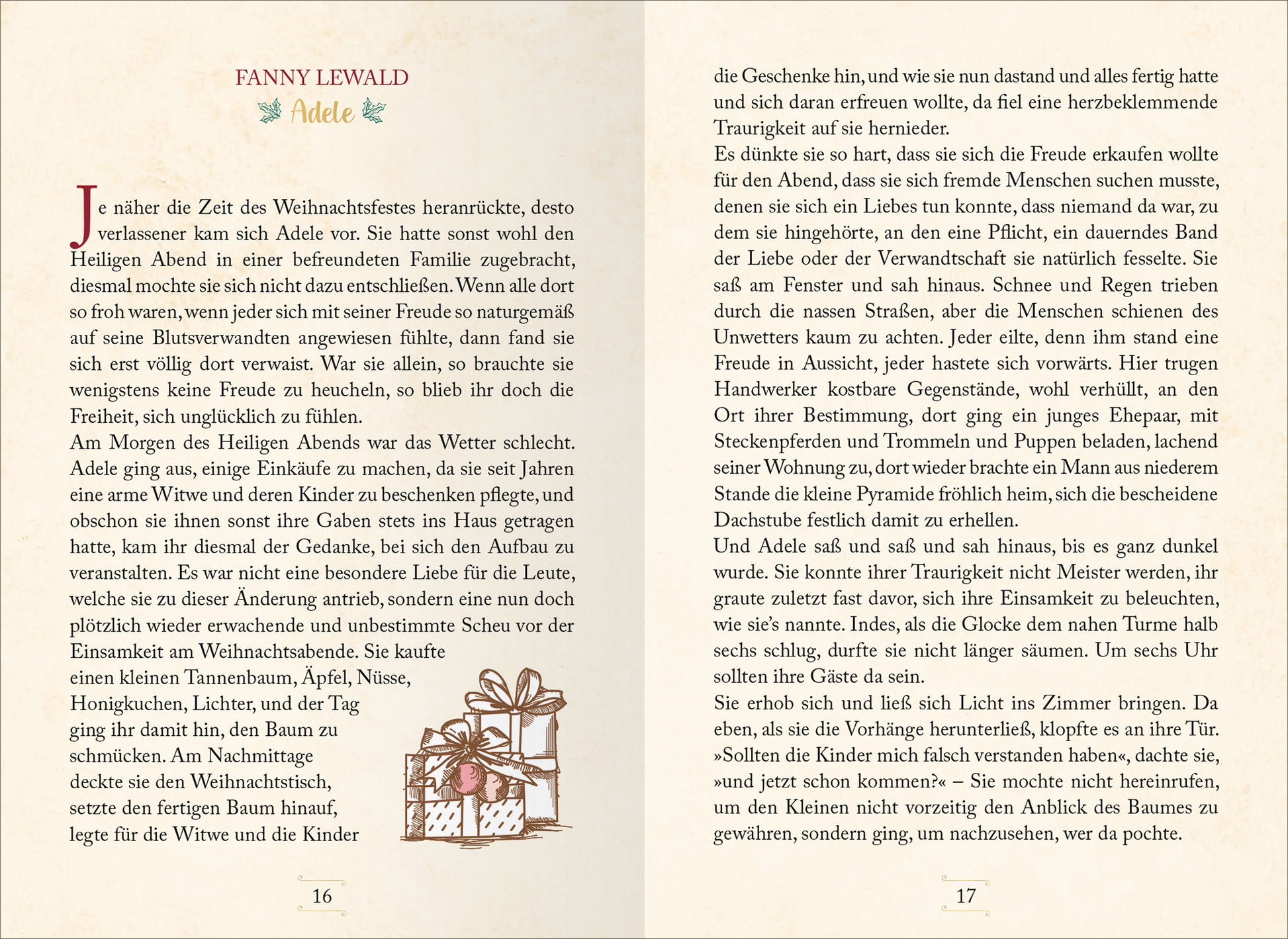 Gezeigt wird eine Innenansicht von „Literarische Schlittenfahrt“. Die Seiten sind in sanften Pastelltönen gestaltet, wobei die Schriftfarben eine harmonische Balance aus Schwarz und zarten Grüntönen bilden. Die typografische Gestaltung umfasst eine freundliche Serifenschrift für den Haupttext, während Überschriften in einer künstlerischen Schriftart hervorgehoben sind. Illustrationen von festlich verpackten Geschenken ergänzen den Text und vermitteln eine weihnachtliche Stimmung....