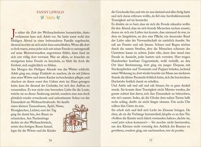 Gezeigt wird eine Innenansicht von „Literarische Schlittenfahrt“. Die Seiten sind in sanften Pastelltönen gestaltet, wobei die Schriftfarben eine harmonische Balance aus Schwarz und zarten Grüntönen bilden. Die typografische Gestaltung umfasst eine freundliche Serifenschrift für den Haupttext, während Überschriften in einer künstlerischen Schriftart hervorgehoben sind. Illustrationen von festlich verpackten Geschenken ergänzen den Text und vermitteln eine weihnachtliche Stimmung....