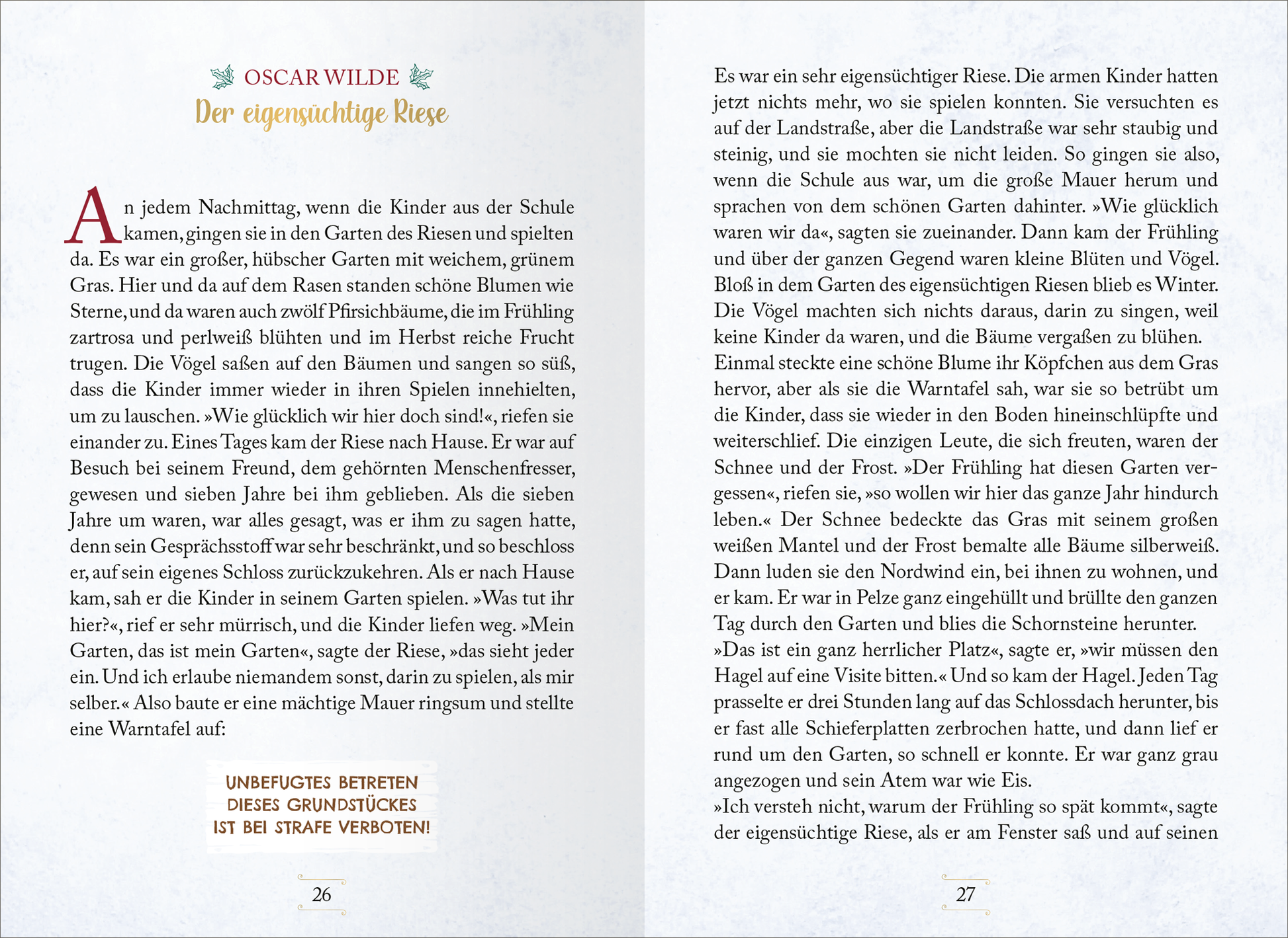 Gezeigt wird eine Innen- oder Zusatzansicht von „Literarische Schlittenfahrt“. Die Seiten sind in einem sanften, cremefarbenen Ton gehalten, ergänzt durch zarte, florale Elemente im Kopfbereich der Seite. Die Überschrift „OSCAR WILDE“ ist in einer eleganten, großen Serifenschrift gesetzt, während der Text in einer gut lesbaren, mittleren Schriftgröße präsentiert wird. Die Absätze sind klar strukturiert, mit einem großzügigen Zeilenabstand, der die Lesbarkeit erhöht. Am...