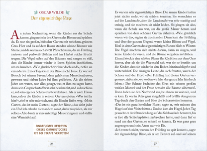 Gezeigt wird eine Innen- oder Zusatzansicht von „Literarische Schlittenfahrt“. Die Seiten sind in einem sanften, cremefarbenen Ton gehalten, ergänzt durch zarte, florale Elemente im Kopfbereich der Seite. Die Überschrift „OSCAR WILDE“ ist in einer eleganten, großen Serifenschrift gesetzt, während der Text in einer gut lesbaren, mittleren Schriftgröße präsentiert wird. Die Absätze sind klar strukturiert, mit einem großzügigen Zeilenabstand, der die Lesbarkeit erhöht. Am...
