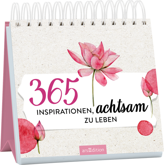 Das Buchcover zeigt eine spiralförmige Gestaltung in sanften Naturtönen mit einer hellen, strukturierten Hintergrundfläche. Zentral plaziert ist eine große, stilisierte Lotusblume in zarten Rosa- und Pinktönen. Darüber steht in auffälliger, pinker Typografie „365“, während darunter in eleganter Schwarzschrift „inspirationen, achtsam zu leben“ geschrieben steht. Links und rechts umrahmen weiche, rot-pinke Akzente die Schrift. Ein SPIEGEL-Bestseller-Button ist nicht vorhanden....