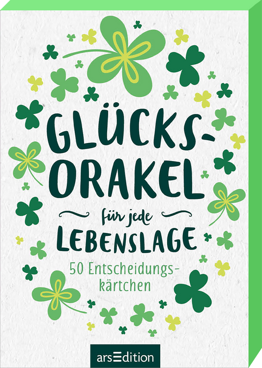 Das Buchcover zeigt eine fröhliche Komposition aus verschiedenen grünen Kleeblättern auf weißem Hintergrund, was eine positive und einladende Atmosphäre erzeugt. Der Titel „Glücksorakel für jede Lebenslage“ steht in großer, verspielter Schrift und ist in einem dunkleren Grünton gehalten. Darunter befindet sich der Hinweis „50 Entscheidungskärtchen“. Ganz unten mittig steht der Logoschriftzug von arsEdition.