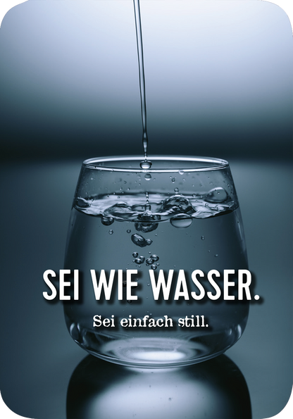 Gezeigt wird eine Innen- oder Zusatzansicht von „Ach, wie gut, dass niemand weiß, auf wen und was ich alles sch***!“. In der Darstellung befindet sich ein transparentes Glas, das mit klarem Wasser gefüllt ist. Aus einer Quelle fließt weiteres Wasser in das Glas, wodurch Blasen aufsteigen. Der Hintergrund ist in sanften Grautönen gehalten, die Typografie in der Schriftart ist modern und klar. Die Worte „SEI WIE WASSER.“ stehen groß und auffällig oben, während „Sei einfach...
