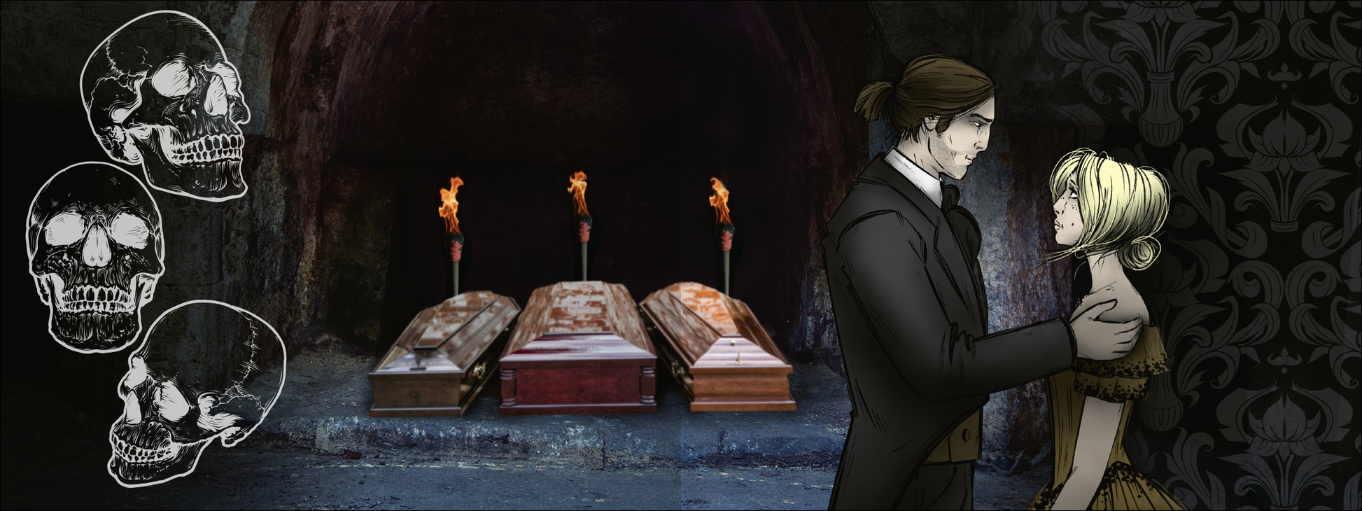 Gezeigt wird eine Innen- oder Zusatzansicht von „Escape Room: Entkomme Draculas Fängen“. Die Szene zeigt zwei stilisierte Charaktere in einem düsteren, gruftähnlichen Raum, umgeben von drei Särgen, die mit Fackeln beleuchtet sind. Die Farben sind überwiegend dunkel, mit Grautönen und einem Hauch von Gold und Braun in der Kleidung der Figuren. Auf der linken Seite sind schematische Totenköpfe abgebildet, die dem Bild eine bedrückende Atmosphäre verleihen. Die Typografie ist für...