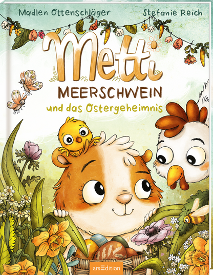 Das Buchcover zeigt das entzückende Meerschweinchen Metti, das freundlich lächelt und von einem kleinen Vogel und einer Henne umgeben ist. Die Farben sind überwiegend pastellig, mit sanften Grüntönen und fröhlichen Akzenten in Gelb und Orange. Der Titel „Metti Meerschwein“ ist in großen, verspielten Buchstaben in der Mitte platziert. Der Untertitel „und das Ostergeheimnis“ steht darunter in schlichter Schrift. In der oberen Ecke befindet sich ein „SPIEGEL-Bestseller“-Button....