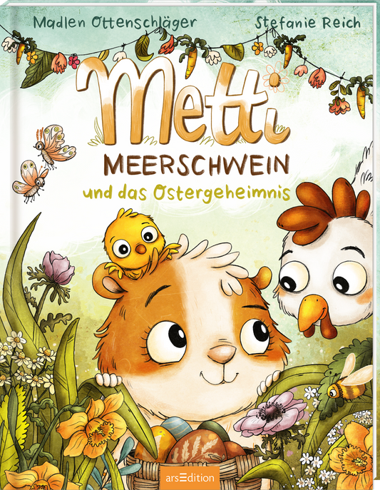 Das Buchcover zeigt das entzückende Meerschweinchen Metti, das freundlich lächelt und von einem kleinen Vogel und einer Henne umgeben ist. Die Farben sind überwiegend pastellig, mit sanften Grüntönen und fröhlichen Akzenten in Gelb und Orange. Der Titel „Metti Meerschwein“ ist in großen, verspielten Buchstaben in der Mitte platziert. Der Untertitel „und das Ostergeheimnis“ steht darunter in schlichter Schrift. In der oberen Ecke befindet sich ein „SPIEGEL-Bestseller“-Button....