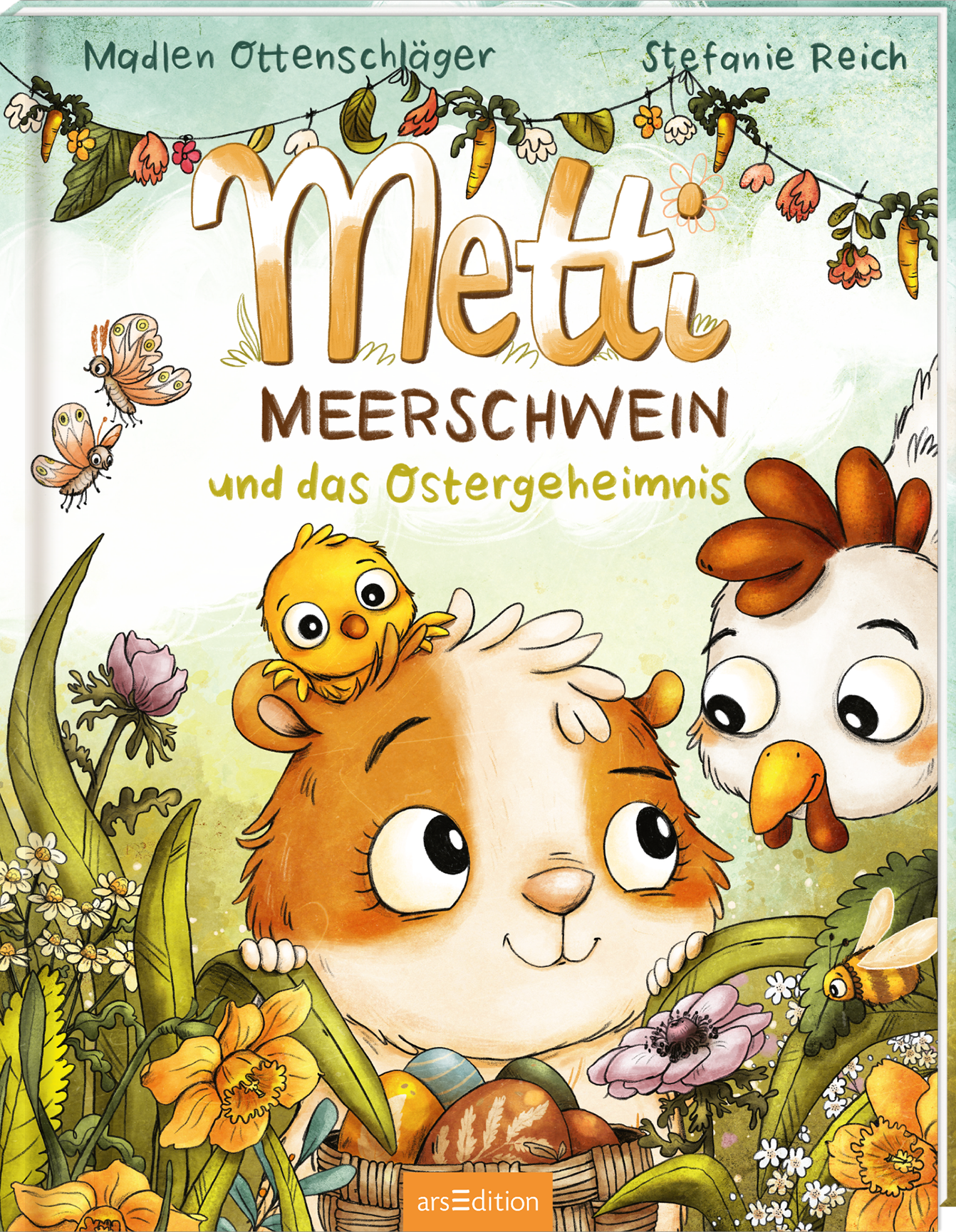Das Buchcover zeigt das entzückende Meerschweinchen Metti, das freundlich lächelt und von einem kleinen Vogel und einer Henne umgeben ist. Die Farben sind überwiegend pastellig, mit sanften Grüntönen und fröhlichen Akzenten in Gelb und Orange. Der Titel „Metti Meerschwein“ ist in großen, verspielten Buchstaben in der Mitte platziert. Der Untertitel „und das Ostergeheimnis“ steht darunter in schlichter Schrift. In der oberen Ecke befindet sich ein „SPIEGEL-Bestseller“-Button....