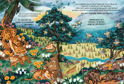 Gezeigt wird eine Innen- oder Zusatzansicht von „Berge voller Wunder“. Die Illustration zeigt eine lebendige Landschaft mit bunten Blumen und grünen Bäumen. In der Mitte sind mehrere Tiere, darunter Füchse und Wildschweine, die sich in der Natur versammeln. Die Farben sind kräftig und variieren von satten Grüntönen bis hin zu leuchtendem Rot und Gelb. Die Typografie ist verspielt und kindgerecht, was die Neugier und den Entdeckungsgeist anregt.