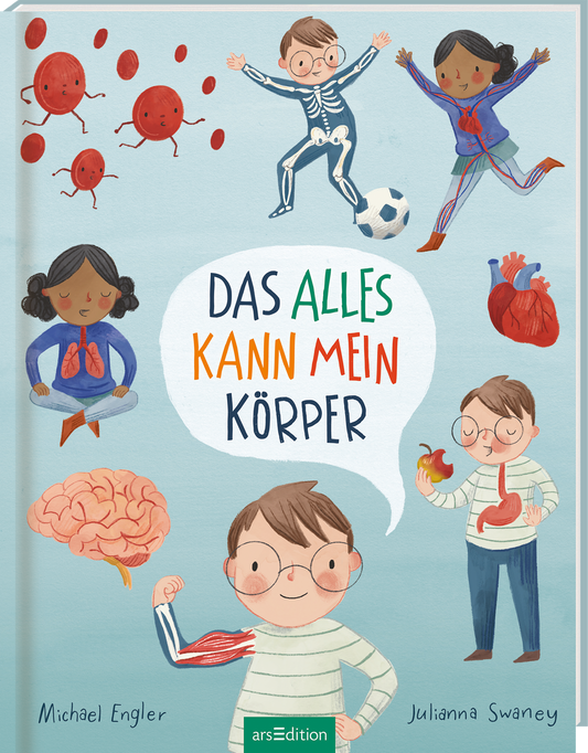 Das Cover zeigt eine kindliche, freundliche Illustration in sanften Farben. Im Mittelpunkt befindet sich der Titel „DAS ALLES KANN MEIN KÖRPER“ in bunten Buchstaben, umrahmt von spielerischen Zeichnungen kleiner Kinder, die verschiedene Körperteile und Aktivitäten darstellen. Oben und unten sind Motive wie ein Fußball, ein Herz, ein Gehirn und Bakterien zu sehen. Unten links steht der Name des Autoren Michael Engler, und rechts der Name der Illustratorin Julianna Swaney. Ganz unten...