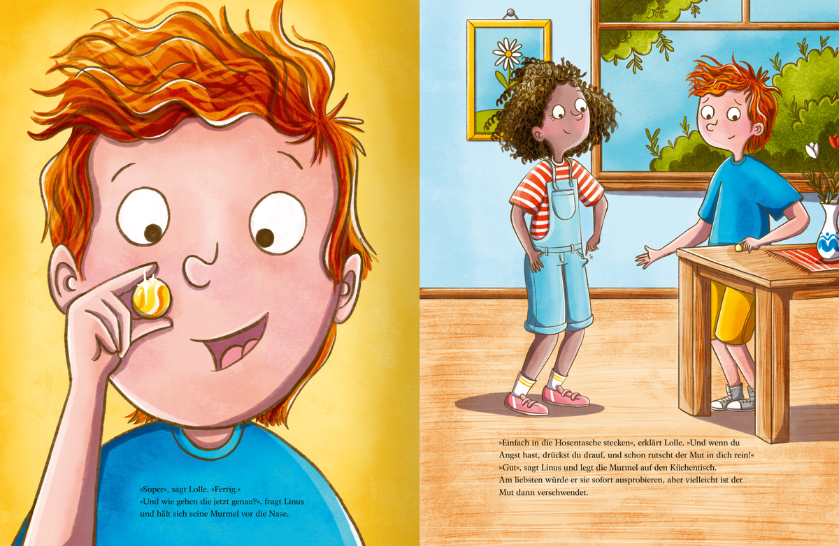 Gezeigt wird eine Innenseite von „Mutmurmeln für den ersten Schultag“. Die Illustration links zeigt einen Jungen mit rötlichem Haar, der eine gelbe Murmel hält und lächelt. Die Illustration auf der rechten Seite zeigt den Jungen und zusätzlich ein Mädchen mit lockigem, dunklem Haar, die in einem hellen Zimmer an einem Tisch stehen und miteinander interagieren.