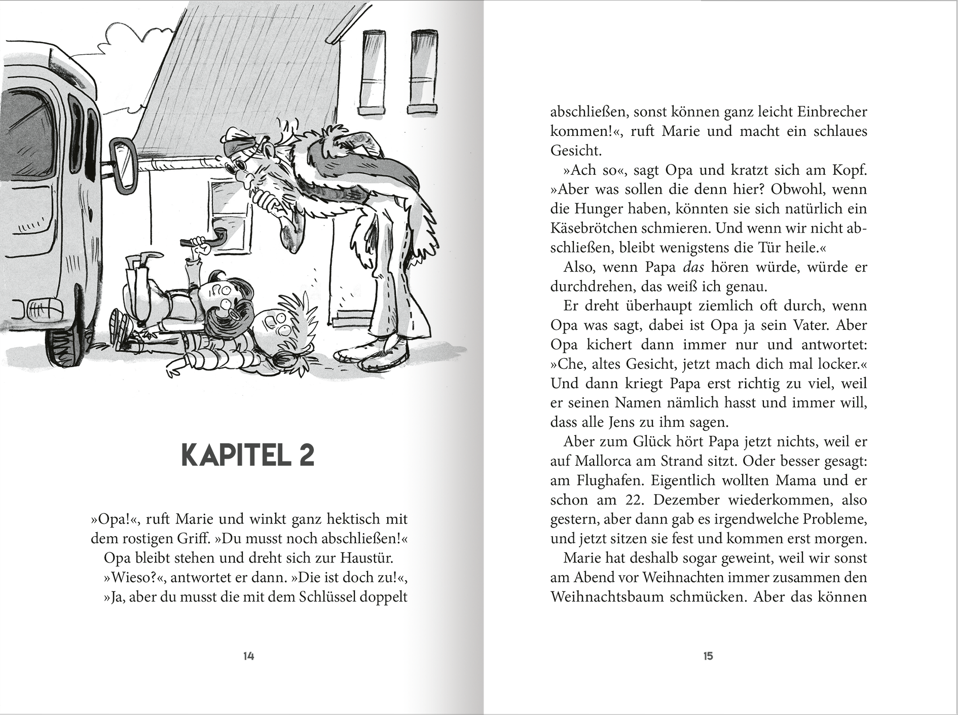 Gezeigt wird eine Innen- oder Zusatzansicht von „Weihnachten mit Opa“. Die Doppelseite zeigt  Text, der in einer klaren Schriftart in Schwarz auf weißem Hintergrund gesetzt ist. Links befindet sich eine schwarz-weiße Illustration, die Kinder und einen älteren Herr zeigt. Die Kapitelüberschrift „KAPITEL 2“ ist deutlich hervorgehoben und in Großbuchstaben dargestellt.