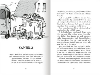 Gezeigt wird eine Innen- oder Zusatzansicht von „Weihnachten mit Opa“. Die Doppelseite zeigt  Text, der in einer klaren Schriftart in Schwarz auf weißem Hintergrund gesetzt ist. Links befindet sich eine schwarz-weiße Illustration, die Kinder und einen älteren Herr zeigt. Die Kapitelüberschrift „KAPITEL 2“ ist deutlich hervorgehoben und in Großbuchstaben dargestellt.