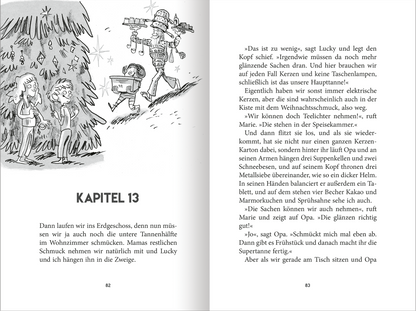 Gezeigt wird eine Innenansicht von „Weihnachten mit Opa“. Die Doppelseite zeigt  Text, der in einer klaren Schriftart in Schwarz auf weißem Hintergrund gesetzt ist. Links befindet sich eine schwarz-weiße Illustration, die Kinder, einen älteren Herr und einen Weihnachtsbaum zeigt. Die Kapitelüberschrift „KAPITEL 13“ ist deutlich hervorgehoben und in Großbuchstaben dargestellt.