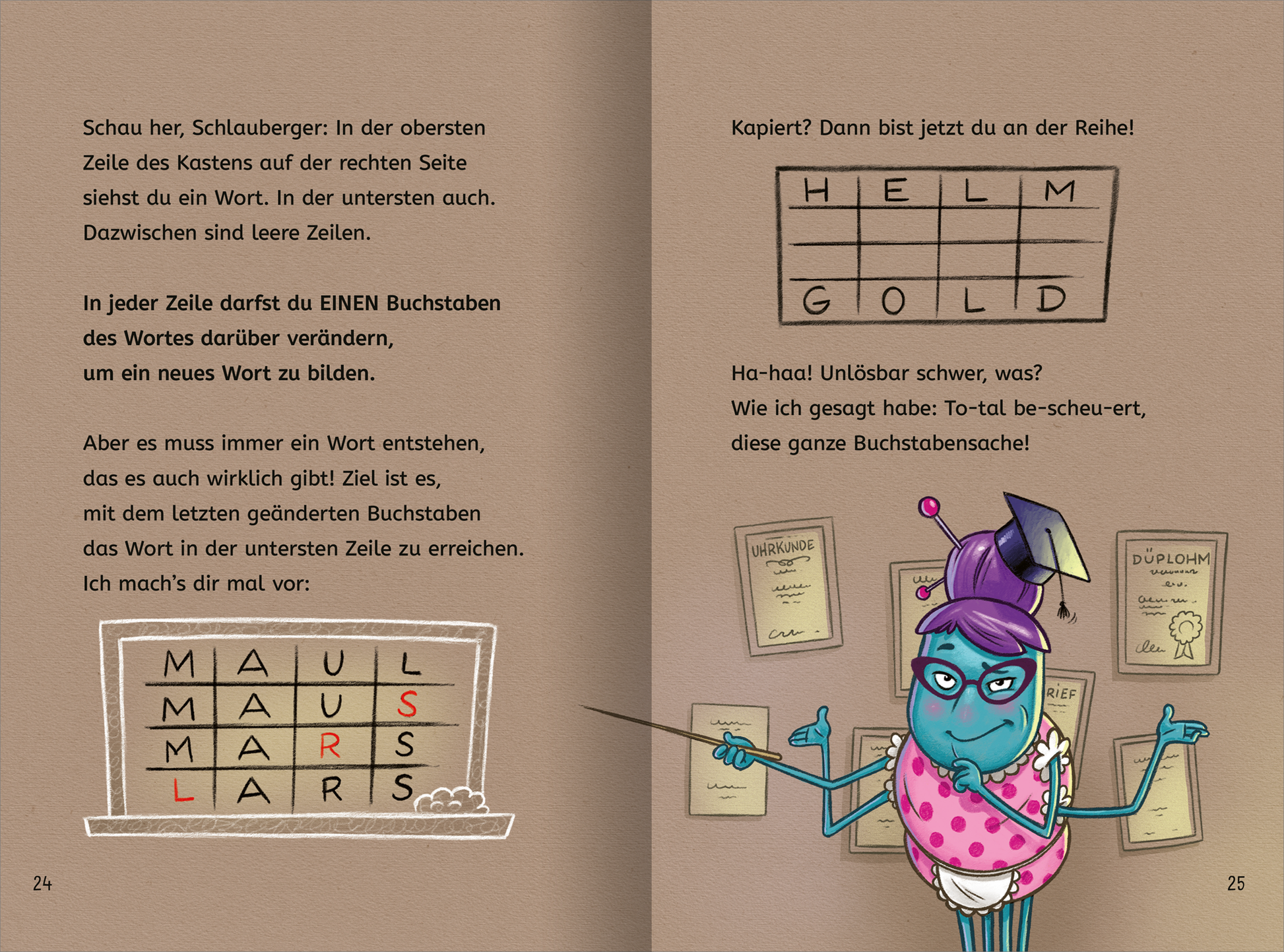 Gezeigt wird eine Innen- oder Zusatzansicht von „Lesen NERVT! – Bücher? Nein, danke!“. Die Doppelseite zeigt einen dunklen Hintergrund mit der Figur Karoline Kneberwecht, die eine violette Frisur und eine pinke Bluse trägt und vier Arme und Beine hat. Links befindet sich ein Tafel mit Buchstaben. Die Schriftart ist gut lesbar. Die Gestaltung ist farbenfroh und einladend.