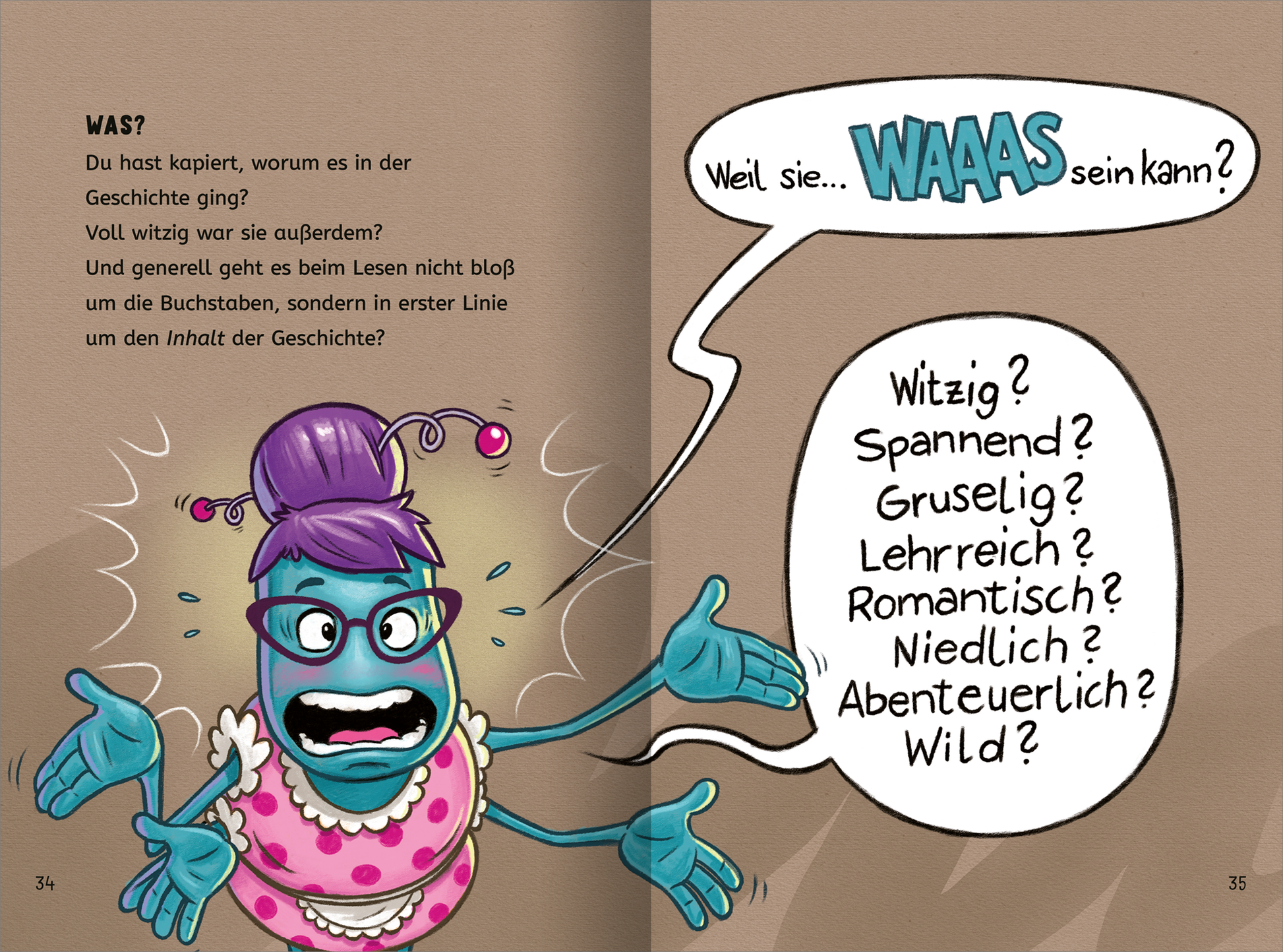 Gezeigt wird eine Innen- oder Zusatzansicht von „Lesen NERVT! – Bücher? Nein, danke!“. Auf der rechten Seite sind Sprechblasen abgebildet. Auf der linken Seite spricht die Figur Karoline Kneberwecht, die mit lila Haaren und einer pinken Bluse dargestellt ist. Sie hat große runde Brille und einen erstaunten Gesichtsausdruck. Der Hintergrund ist beige, die Schrift ist vielfältig und ansprechend gestaltet.