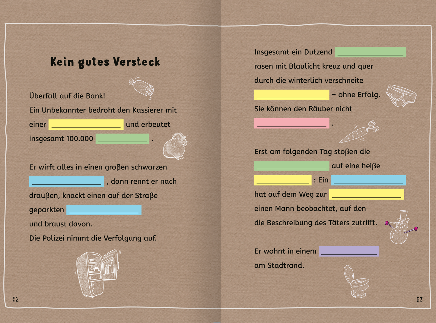 Gezeigt wird eine Innen- oder Zusatzansicht von „Lesen NERVT! – Bücher? Nein, danke!“. Die Doppelseite zeigt eine braune Hintergrundfarbe. Der Text ist in einer gut lesbaren, verspielten Schriftart gesetzt, teils mit Lücken in den Farben Pink, Blau und Gelb. Illustrationen von Gegenständen, wie etwa einer Toilette und einem Staubsauger sind eingefügt und lockern den Text auf.
